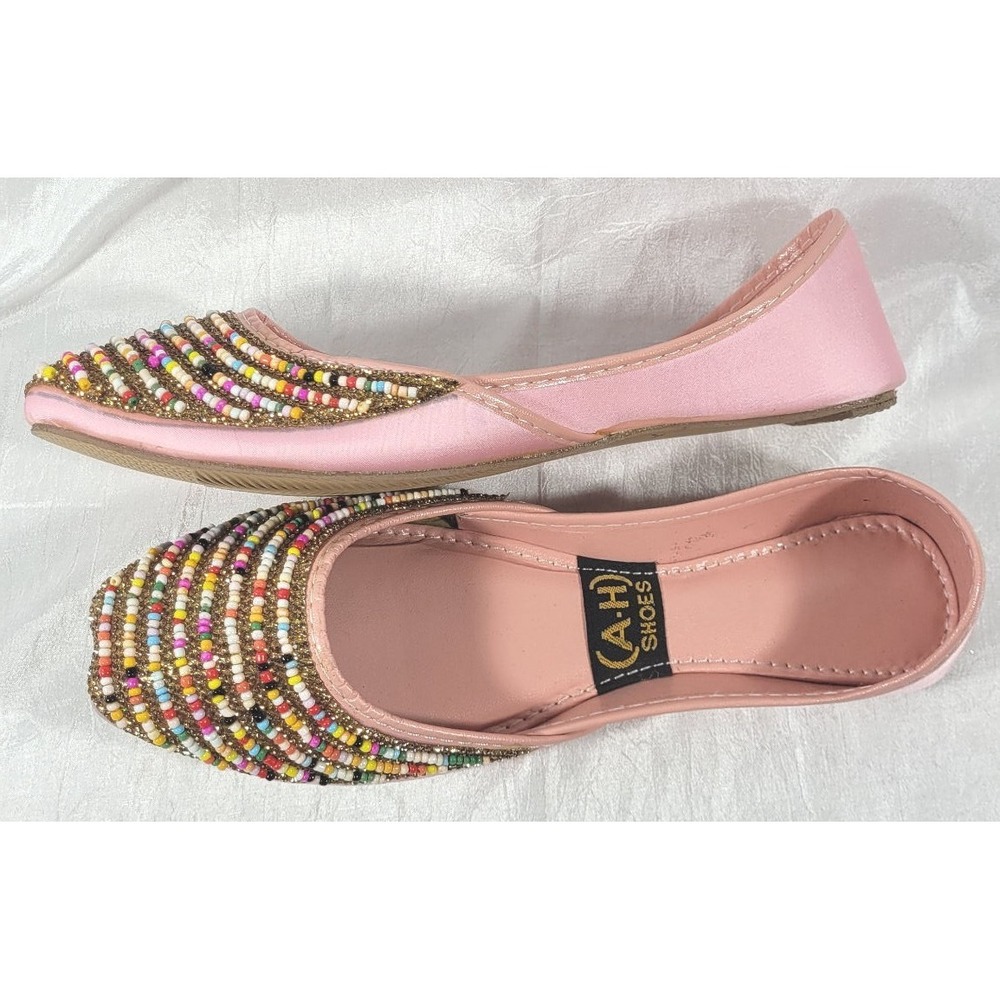 AH Women's Pakistani Ethnic Flat Beaded Satin Khussa Shoes - Pink - Sz 9